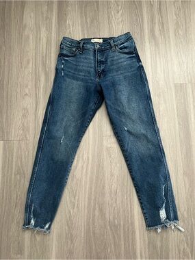 Gap Factory High Rise Slim Straight Jeans 32 Distressed Raw Hem Dark Wash